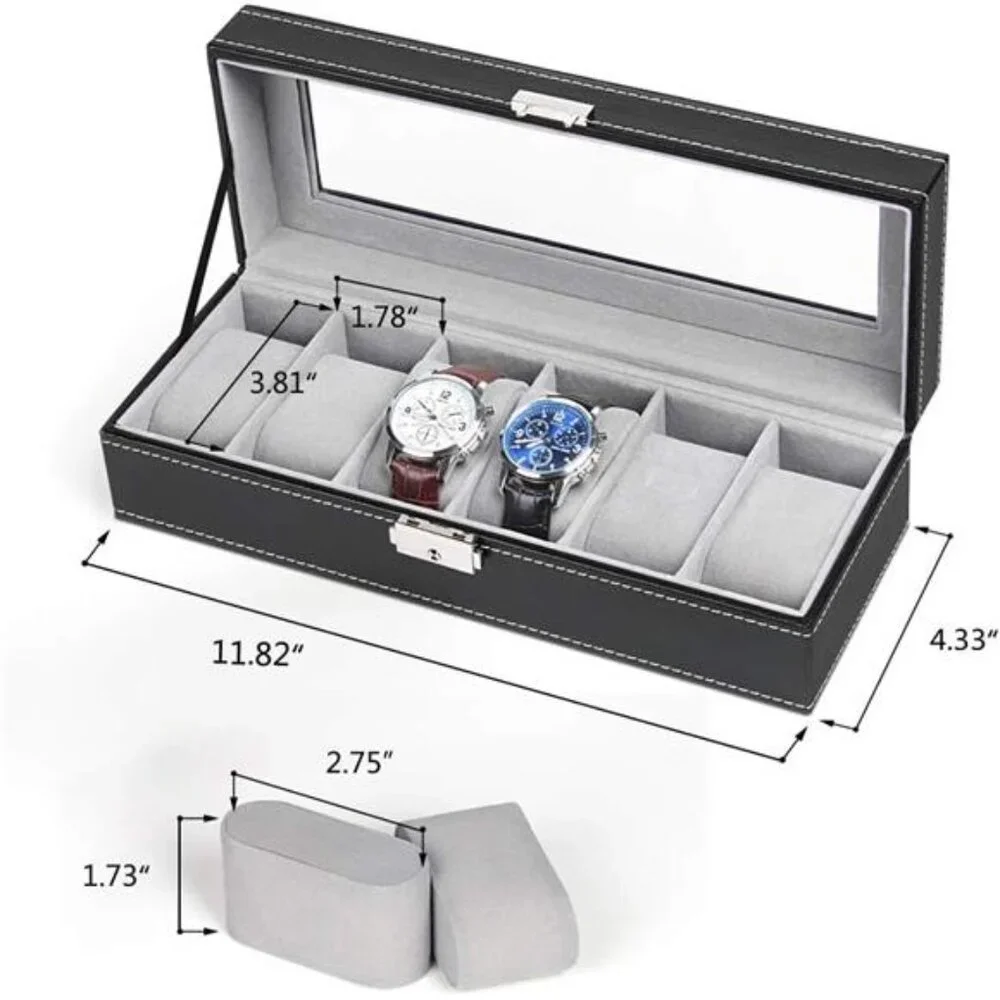 6 Slots Watch Box Organizer for Men, Black Watch Holder Stand Display Storage
